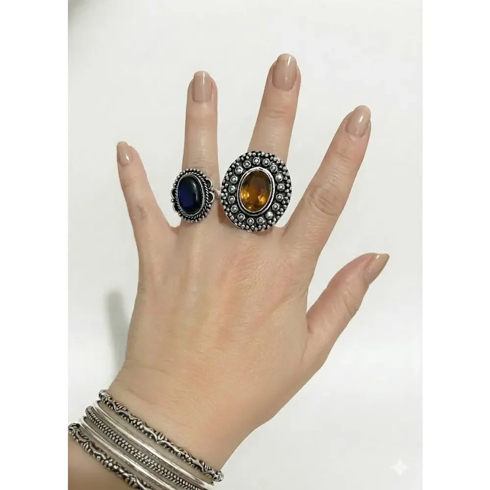 Rings Sz 8 9, Blue Red Amber Lot of 3 Bohemian German Silver Statement Vintage